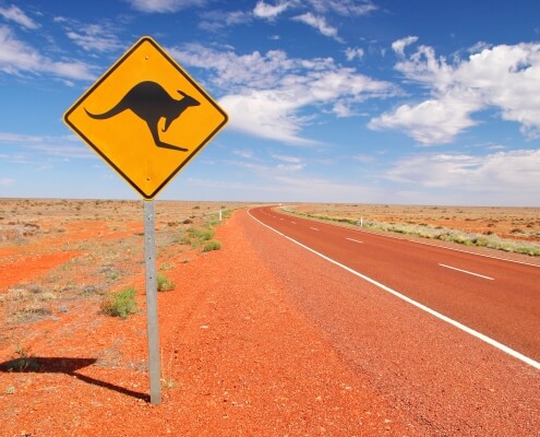 Australian endless roads with a sign that alerts about Kangaroos. Emigrating to Australia during COVID-19