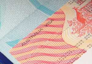 closeup of Australian visa in passport