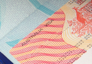 closeup of Australian visa in passport