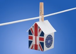 Britain flag and EU flag painted on a paper house hanging on a rope, symbolising Brexit vote impact on property purchase