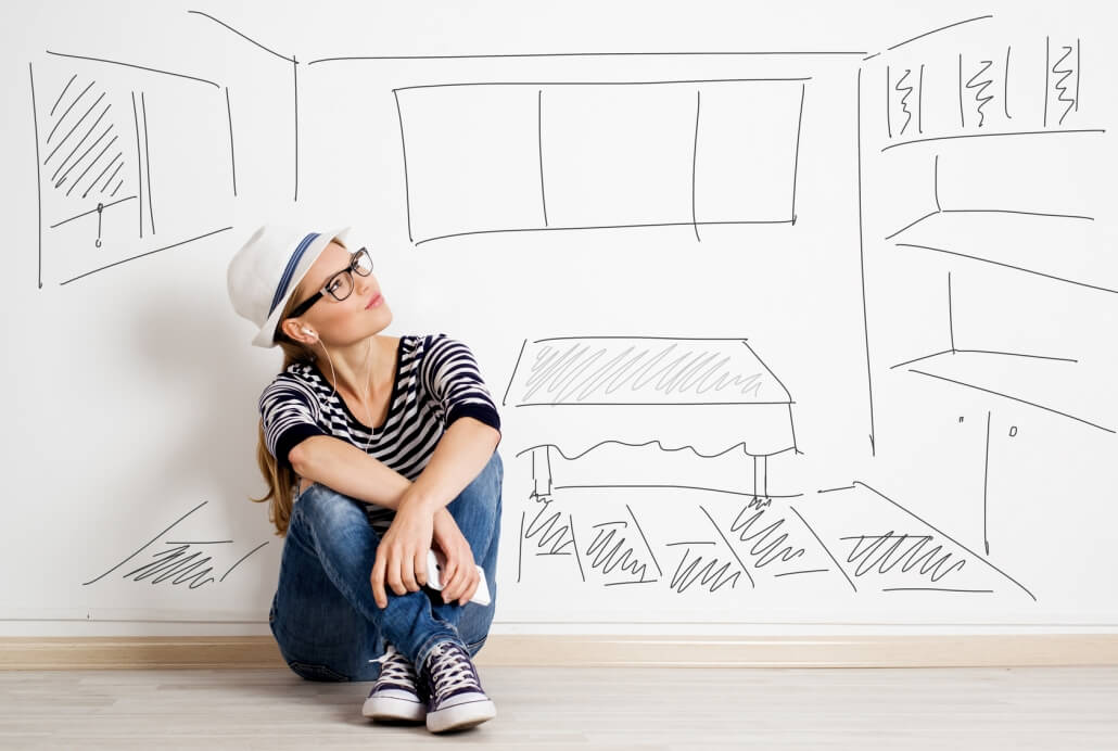 Dreaming woman in headset over drawn living room background Concept to real estate investment