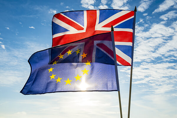 European Union and British Union Jack flag flying
