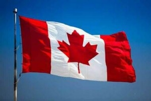 Canadian flag waving on the wind with a blue sky on the background