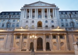 Bank of England facade in London in the evening. BoE UK interest rate cut concept