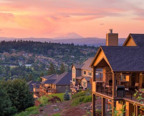 Sunset View with Mount St Helens from deck of luxury homes in Happy Valley Oregon in Clackamas County