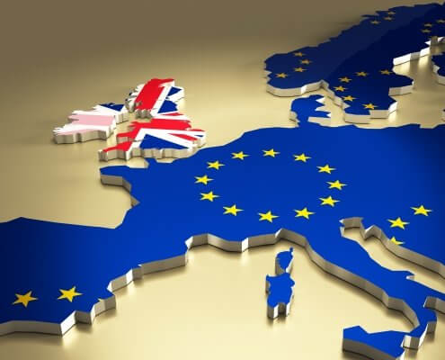 Map of europe with the national flag colours. Brexit referendum UK - United Kingdom, Great Britain or England leaving EU - European Union, British vote to exit.