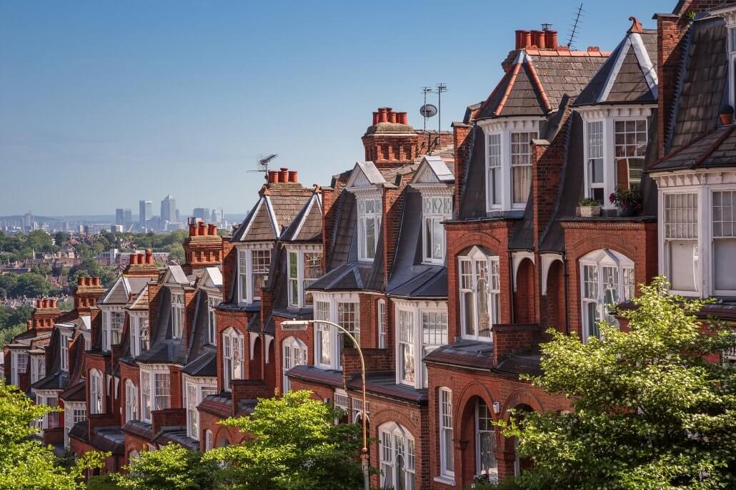 Brick houses on a panoramic shot from Muswell Hill, London, UK. Concept of real estate investment in London