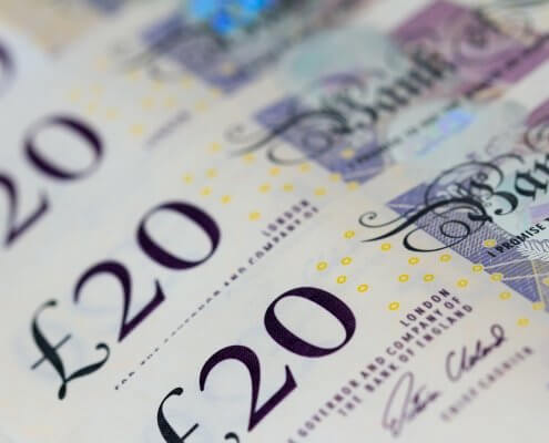 A close up image of twenty pound notes (sterling continues its recovery)