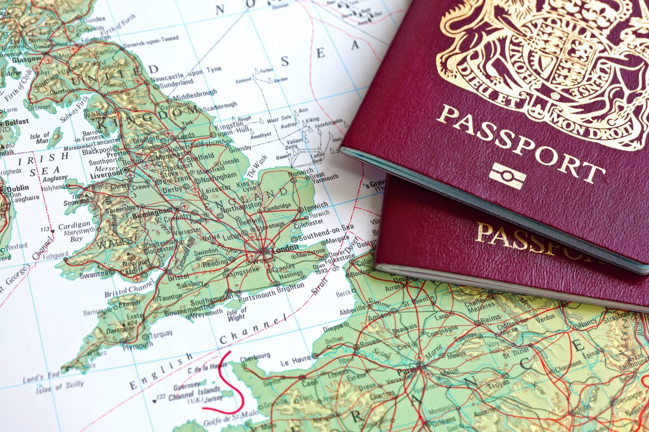 British passport and map of Europe