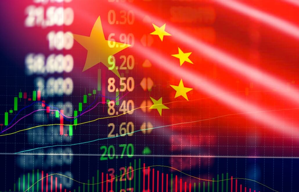 China stock market exchange / Shanghai stock market analysis forex indicator of changes graph chart business growth finance money crisis economy and trading graph with China flag as Chinese economic data slumps