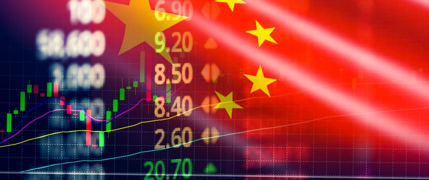 China stock market exchange / Shanghai stock market analysis forex indicator of changes graph chart business growth finance money crisis economy and trading graph with China flag as Chinese economic data slumps