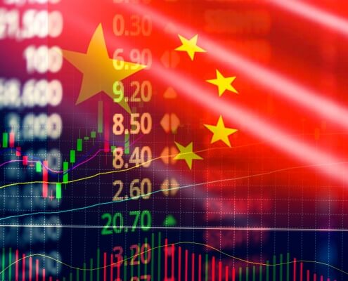 China stock market exchange / Shanghai stock market analysis forex indicator of changes graph chart business growth finance money crisis economy and trading graph with China flag as Chinese economic data slumps