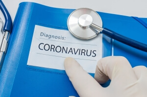 Novel coronavirus disease COVID-19 written on blue folder.
