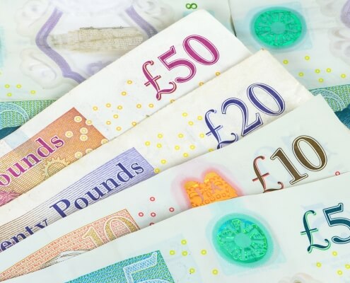 Set of english pounds banknotes. Sterling bounced back amidst coronavirus crisis