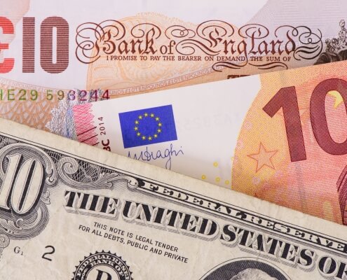 Euro, USD and Pound banknotes. €10, $10, £10 banknotes. representing Sterling's value against currencies