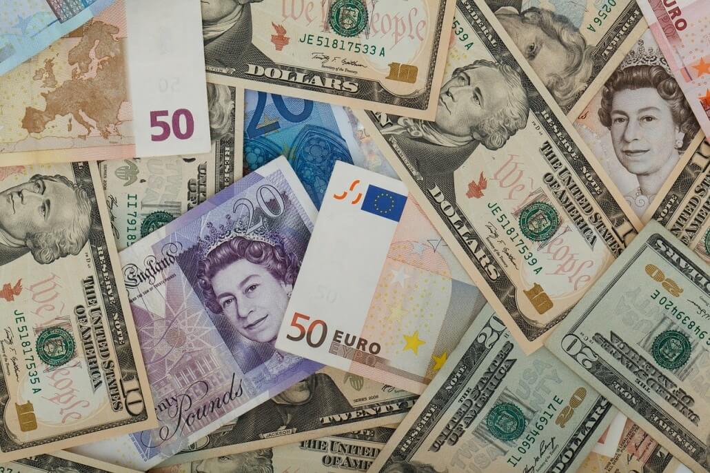 US dollars, euros and pound Sterling