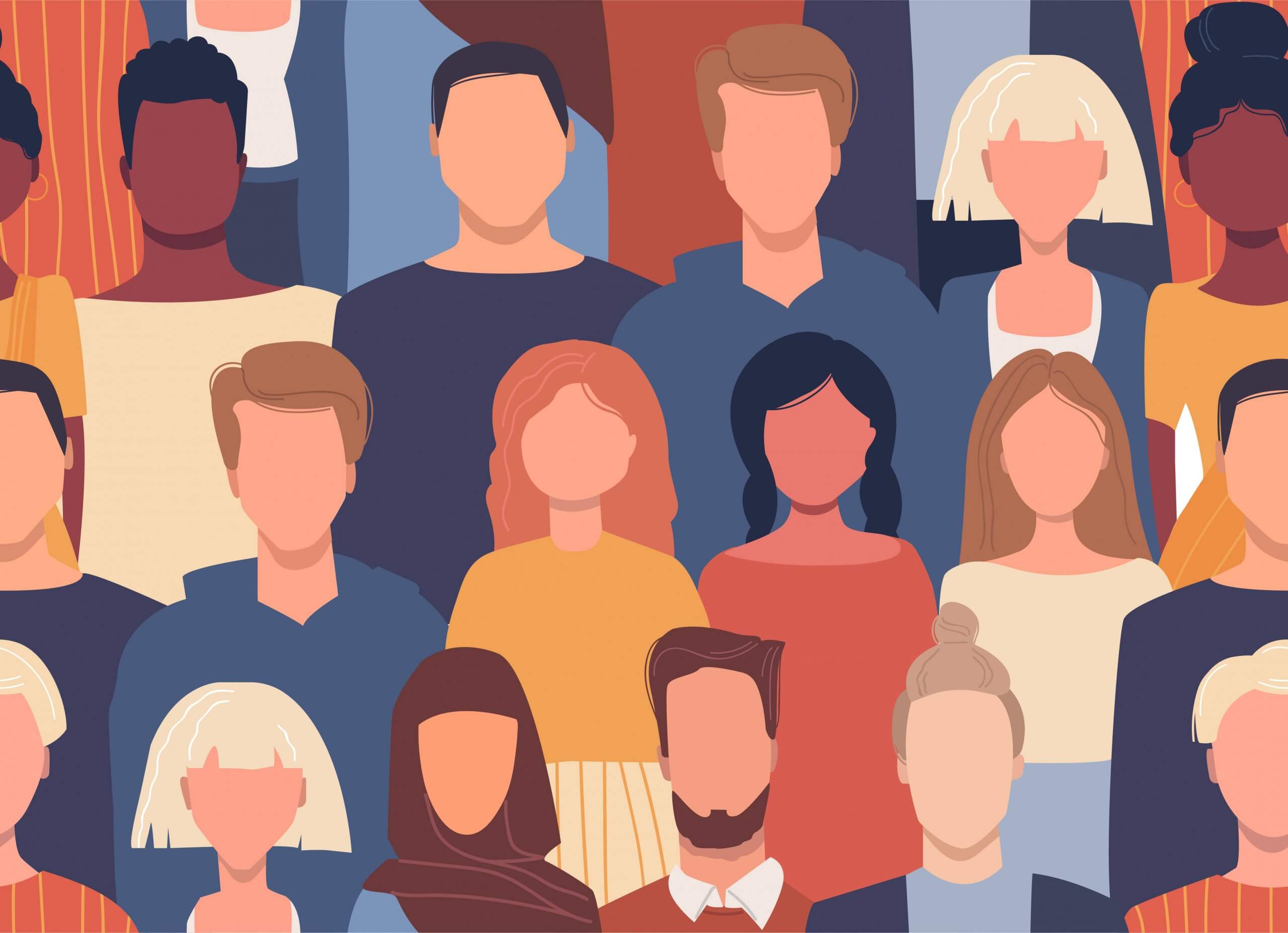 Vector seamless pattern in flat style with people of different nationalities, cultures. Global society. Cultural diversity. Multiethnic group. Friendship, communication, traveling. Universal design