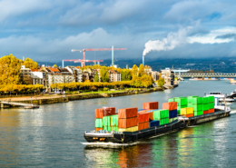 Container ship on the Rhine River