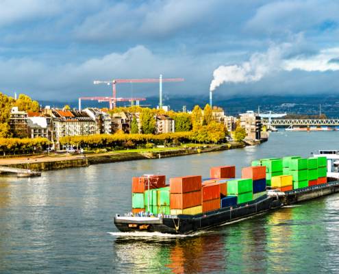 Container ship on the Rhine River